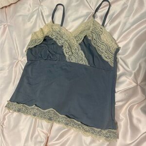 ROMWE Blue and Cream Lace Trim Tank Top